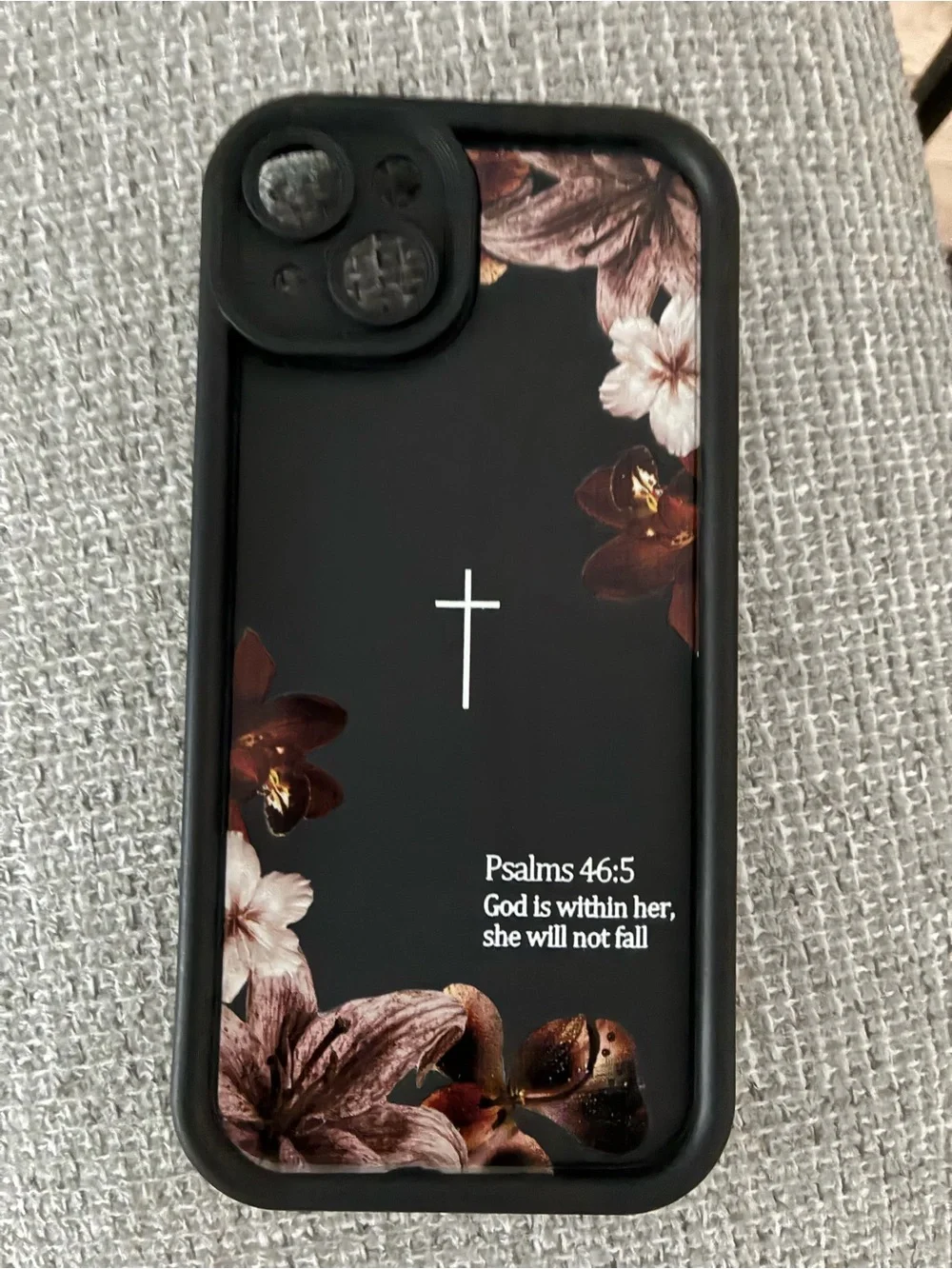 Floral Black Phone Case with Psalms 46:5 - Cross Design